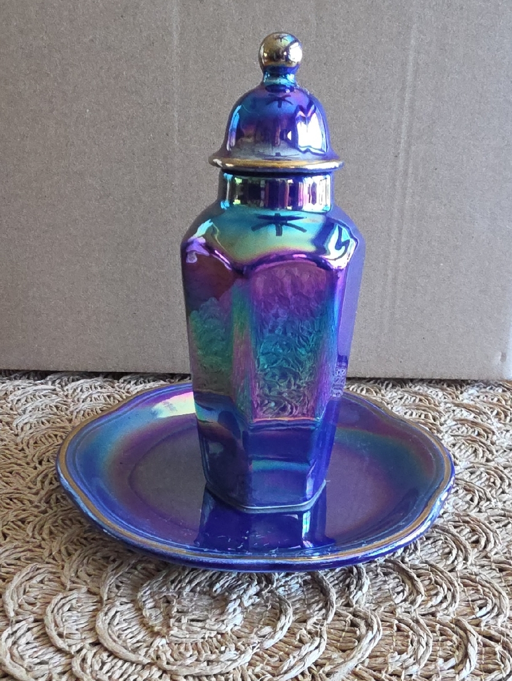 Palissy Royal Worcester Spode Lidded Iridescent Blue Glass Ginger Jar & Plate